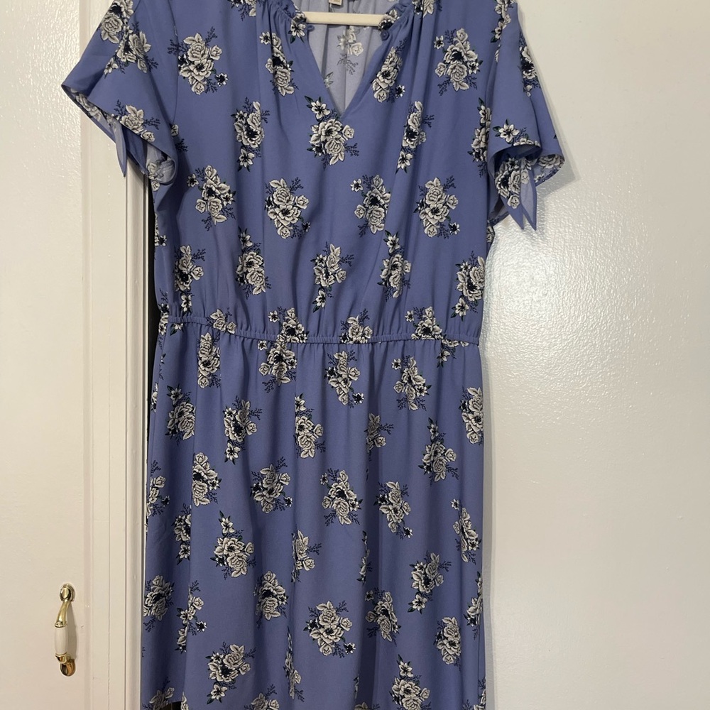 LOFT Blue Floral Mini Dress with ties on arms